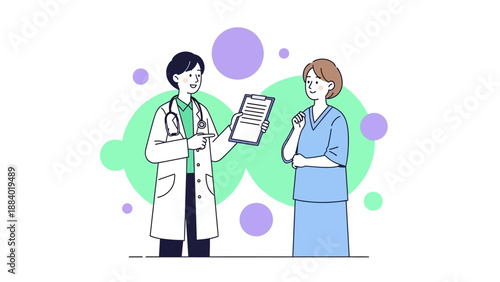 Doctor and Nurse Discussing Medical Chart with Bubbles Background