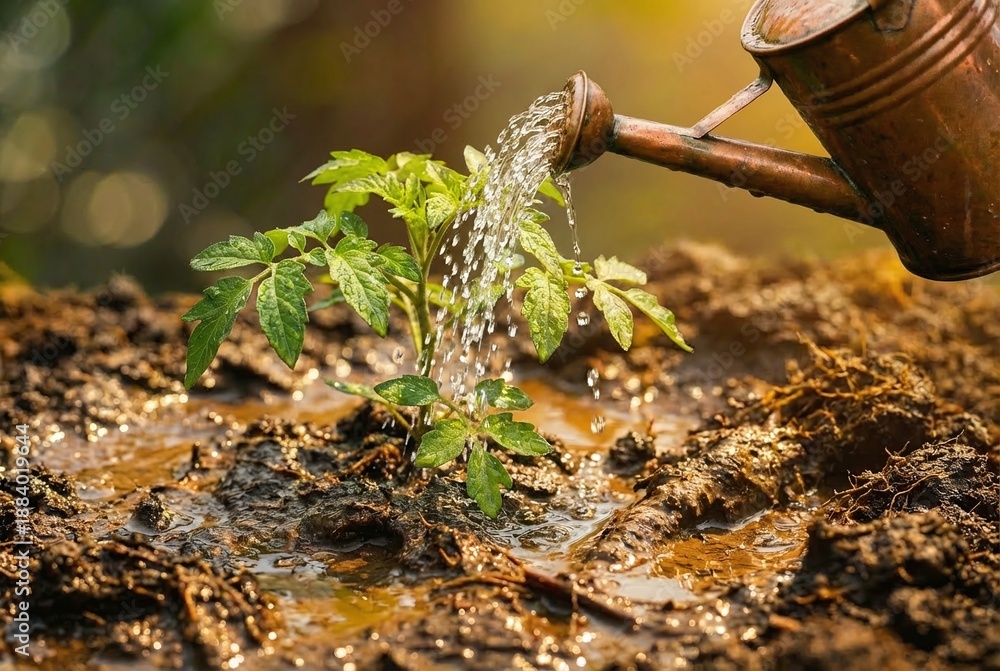 Obraz premium A close-up shot capturing the delicate process of watering a vibrant green plant with a vintage metal can, symbolizing growth, nurturing, and new beginnings in rich, moist soil under natural sunlight