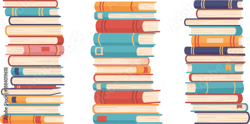 Tall Book Stack Illustration Collection with Reading, Education, Learning, Library, and Knowledge Concepts for Website, App, Editorial, and Print Design