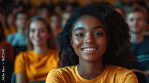 Young Woman with Curly Hair Smiling in Orange Shirt at Event with Audience in Background