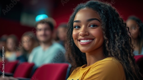 Young Woman Smiling in Theater with Audience Members in Background, Bright Expression Capturing Joy and Connection