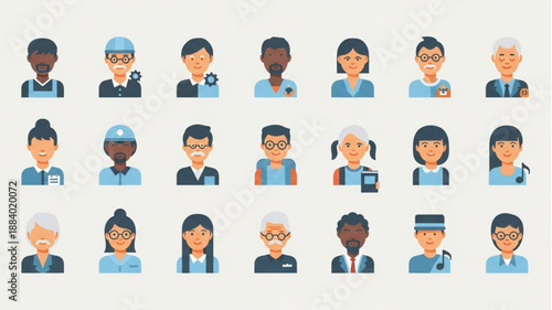 Collection of diverse professional people avatars in flat design style.