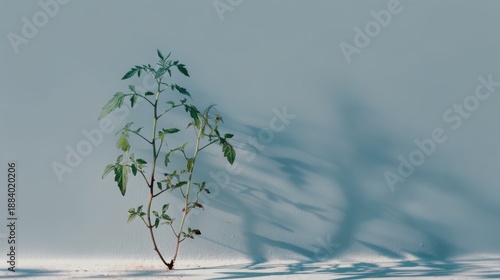 Small plant with green leaves against a light blue background. the plant appears to be a small shrub with thin stems and small leaves.