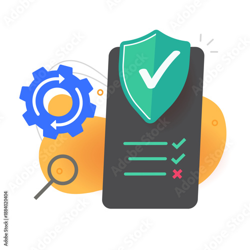 Mobile phone security diagnostic audit icon vector and smartphone cybersecurity scan vector modern graphic illustration design, cellphone protection analysis check test technology shield
