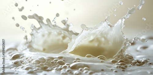 Close-up of Creamy Liquid Splash with Bubbles and Droplets in Soft Focus on Light Background