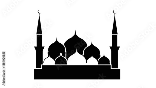 Islamic mosque with crescent moon silhouette.