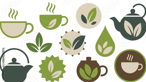 A collection of green tea and coffee icons with leaf symbols