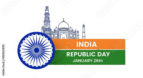 Happy Republic Day India 26 January celebration vector illustration on transparent Background. Indian Republic Day banner design with national monuments and Ashoka Chakra.