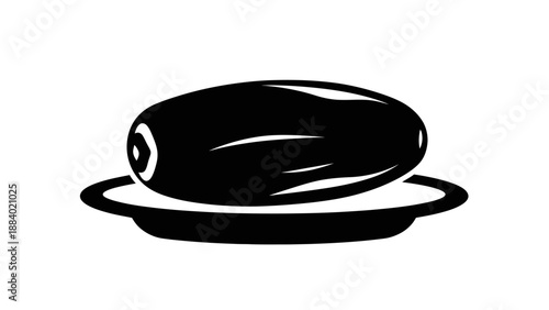 Simple black and white illustration of an eggplant on a plate.