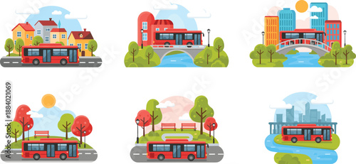 Modern City Bus Illustration Set with Urban Landscapes, Parks, Rivers, Roads, and Public Transportation Scenes for Web, App, and Print Design