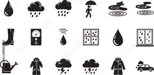 Black and white sketched of rain related and activities raindrop cloud