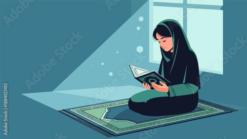 Woman reading a book on a prayer mat in a serene room.
