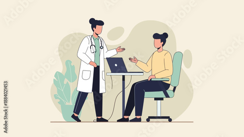 Doctor consulting patient at desk with laptop, healthcare concept illustration