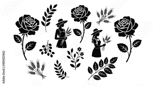 A black and white illustration of floral elements and women in hats