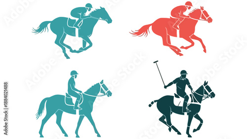 A graphic illustration of horse riders in various colorful silhouettes