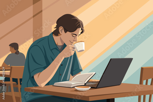 College Student Studying Cafe Illustrat
