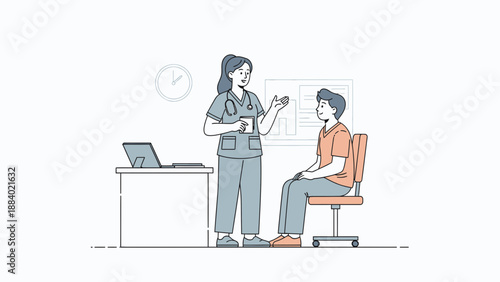 Doctor consulting patient in clinic, medical consultation, health checkup, modern healthcare illustration