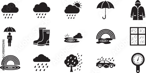Black and white sketched of rain related and weather symbols umbrella raincoat