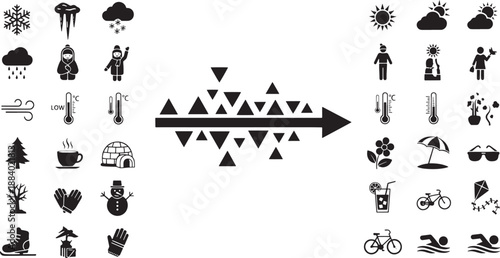 Black and white sketched of seasonal weather changes and activities seasons