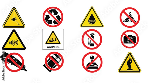 A collection of warning signs and prohibited symbols on a white background