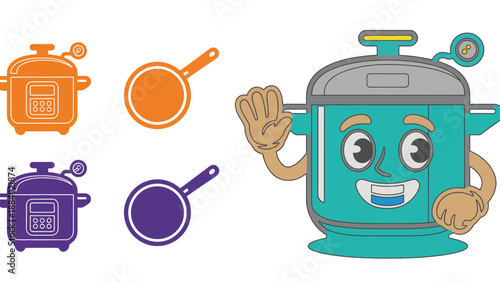 A cartoon pressure cooker with a smiling face and various kitchen utensils