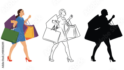 A woman carrying shopping bags in different styles and colors.