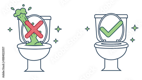 A graphic illustration showing proper toilet usage and hygiene practices