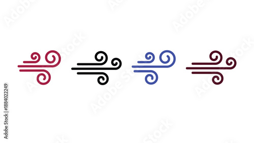 Four stylized icons representing wind or air currents in different colors.