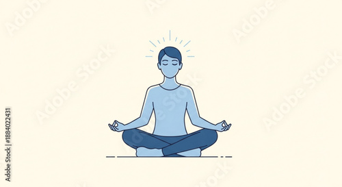 Person meditating in lotus position with eyes closed and sunburst behind head conveying calmness and mindfulness in a serene atmosphere