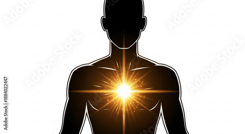 Silhouette of a man with a glowing light on his chest symbolizing inner strength and positivity energy and inspiration