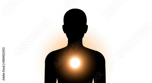 Silhouette of a person with a glowing light on their chest symbolizing inspiration hope and inner strength against a white background