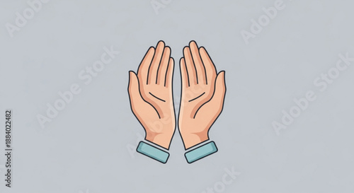 Hands together in prayer gesture with palms facing each other and blue cuffs on a gray background