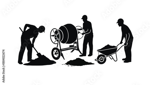 Three construction workers laboring with a cement mixer on a building site