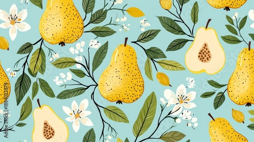 A vibrant pattern featuring pears intertwined with delicate flowers.