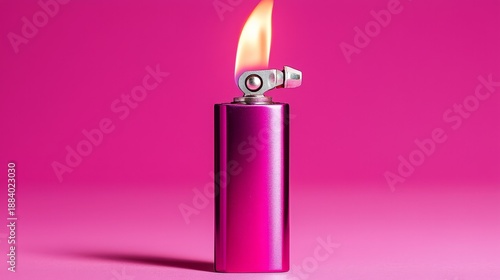 A vibrant pink lighter produces a striking flame.