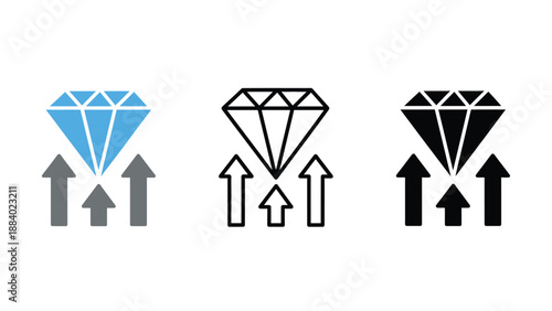 Three diamond icons with arrows pointing upwards on a white background
