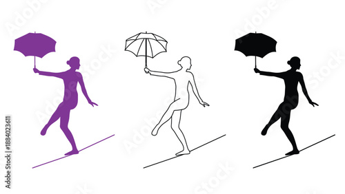 Three silhouettes of women balancing on a tightrope with umbrellas