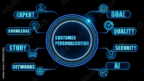 Customer personalization concept with blue neon connections and on black background expert