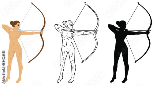 A woman in different poses and colors holding a bow and arrow
