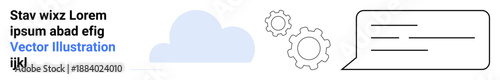 Cloud computing, software development, digital communication, technology services, IT systems, data sharing. Speech bubble, cloud and gears interconnected. Cloud computing and software development