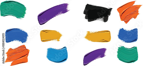 Set of colorful thick oil paint strokes collection isolated on transparent background