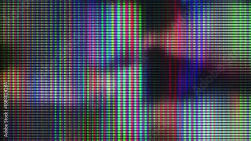 Glitchy TV screen with distorted colors in a dark room
