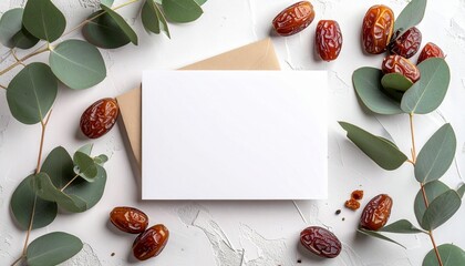 Flat lay of a blank white card mockup with eucalyptus leaves and dates on a marble background.