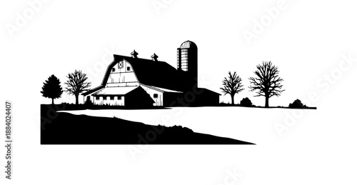 Rustic Farmhouse Silhouette with Barn and Trees
