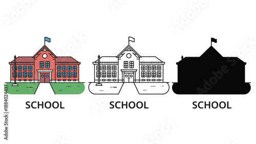 An illustration of a school building in different styles and colors
