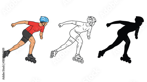 Three distinct artistic representations of a person inline skating.