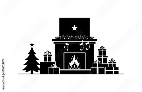 Cozy Christmas Fireplace with Gifts and Tree