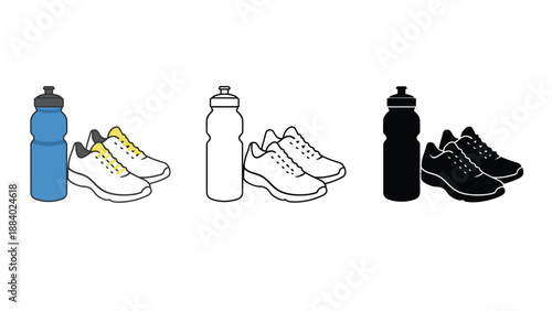 A colorful illustration of water bottles and sneakers in different styles