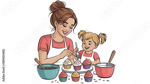 A mother and daughter baking cupcakes together in a kitchen