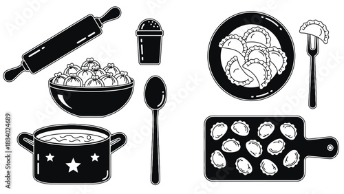 A set of black and white kitchen utensils and food items